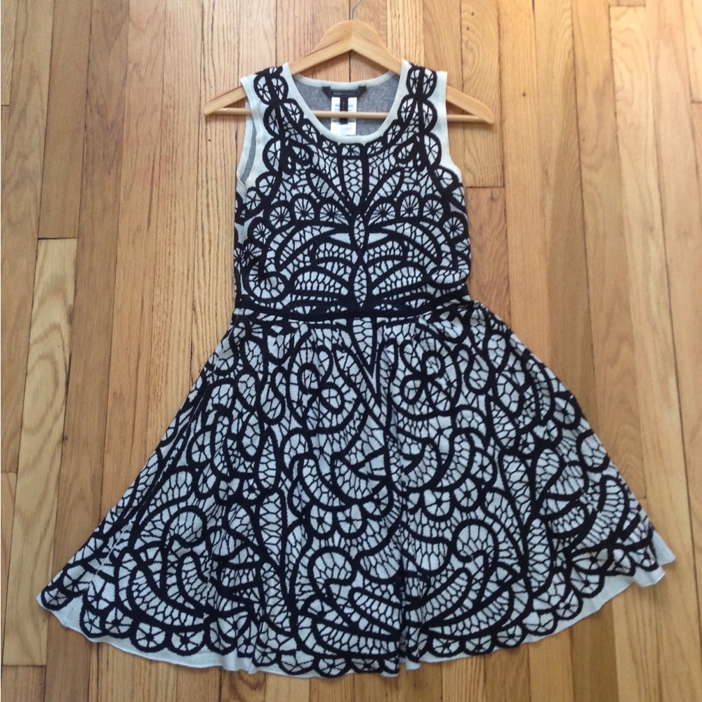 BCBGMaxAzria Talulah Knit Lace Print Jacquard A-line Dress Cream and Black Small